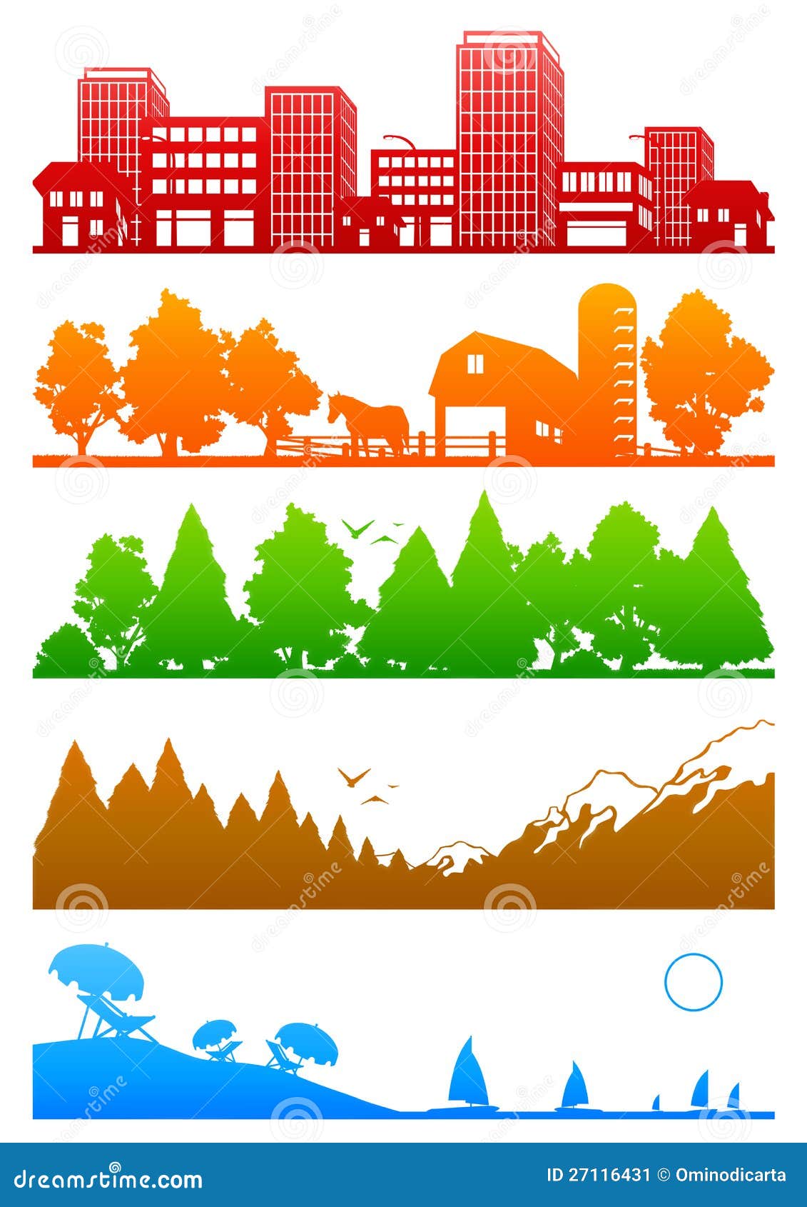 Environments. 套不同的环境五个五颜六色的剪影： 城市、乡下、木头、山和海运。 可用在向量AI格式