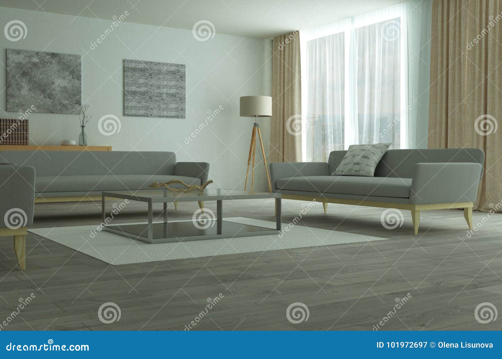 现代宽敞休息室或客厅内部. 三个沙发在有硬木地板的宽敞灰色室在未来派内部