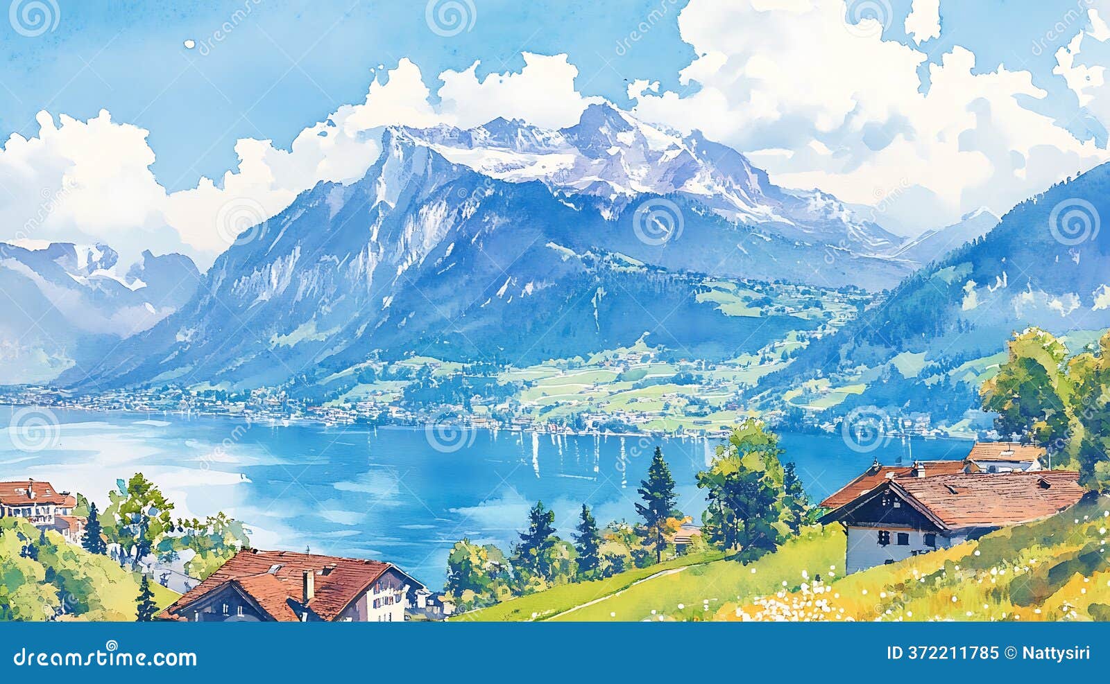 瑞士风景山湖村的水彩画-