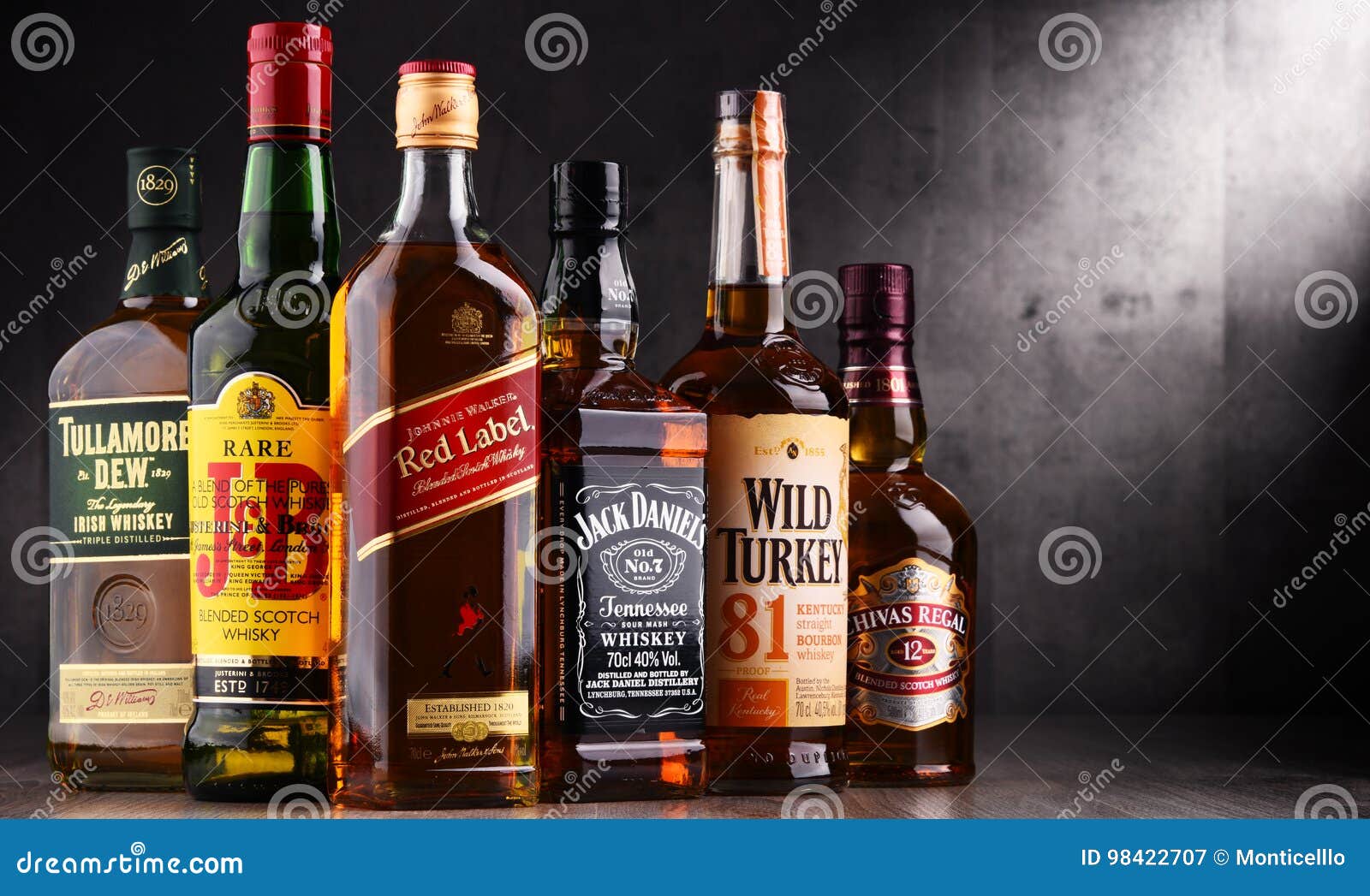 瓶几个全球性威士忌酒品牌. 波兹南，波兰- 2017年8月18日：威士忌酒是最普遍的酒在世界上 于爱尔兰大概发源，它在盛大等级也现在被生产在印度、苏格兰、美国、加拿大和日本