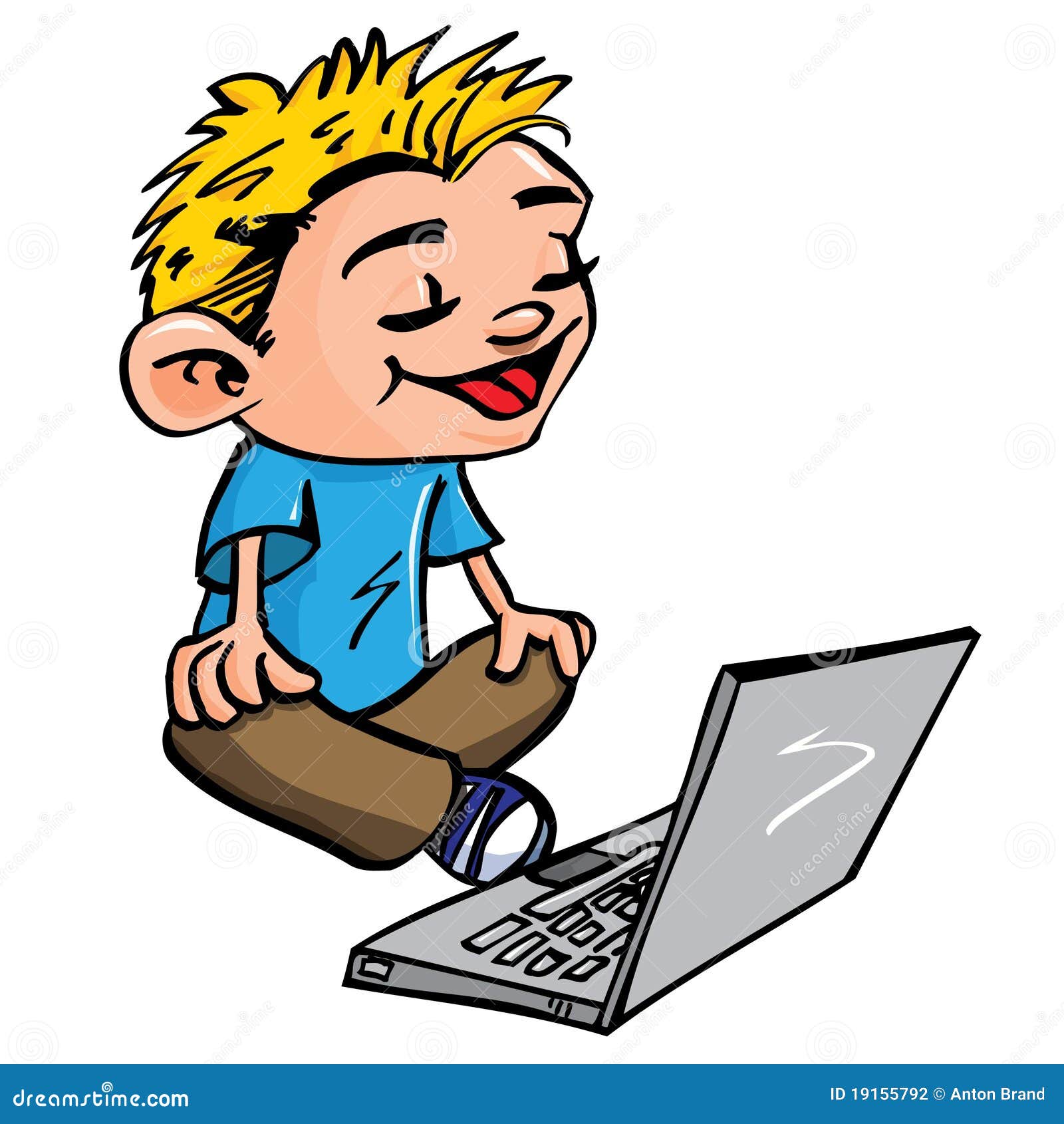 男孩动画片膝上型计算机工作. 男孩动画片查出的膝上型计算机空白工作