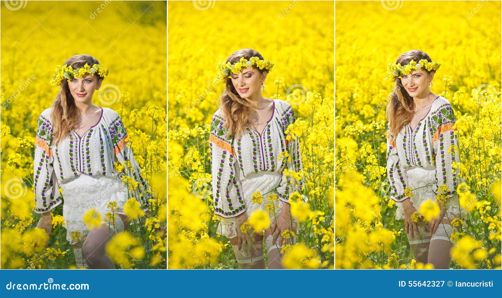 穿罗马尼亚传统女衬衫的女孩摆在油菜领域，室外射击 美丽的金发碧眼的女人画象有花圈的 库存照片 - 图片 包括有 乐趣, 相当: 55642686