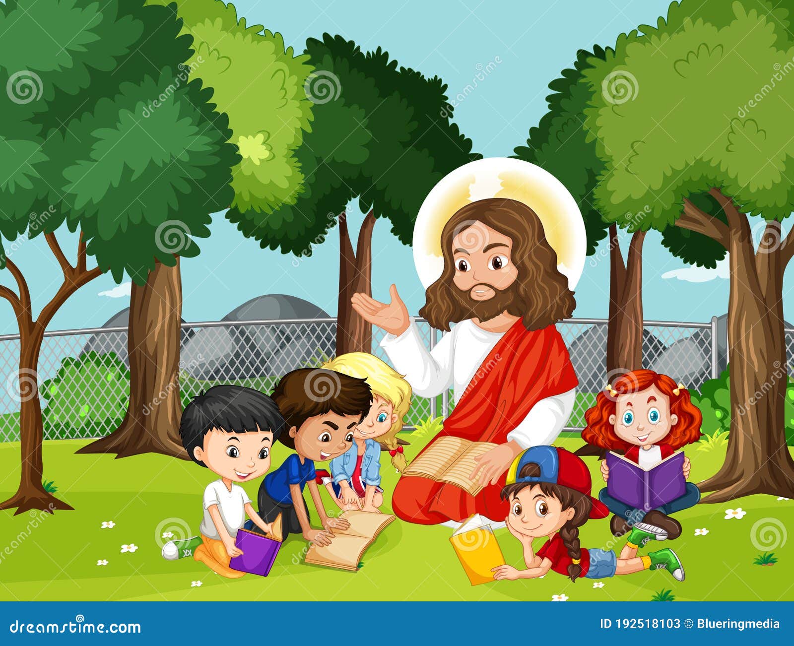 耶稣和孩子们在公园里 向量例证. 插画 包括有 例证, 本质, 动画片, 圣洁, 室外, 信仰, 基督徒 - 193603792