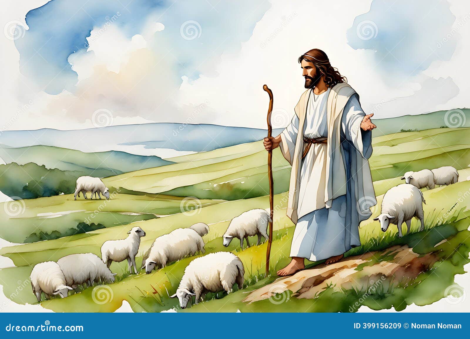 耶稣牧羊人用宁静的水彩画引导羊群库存例证. 插画包括有神圣, 山坡