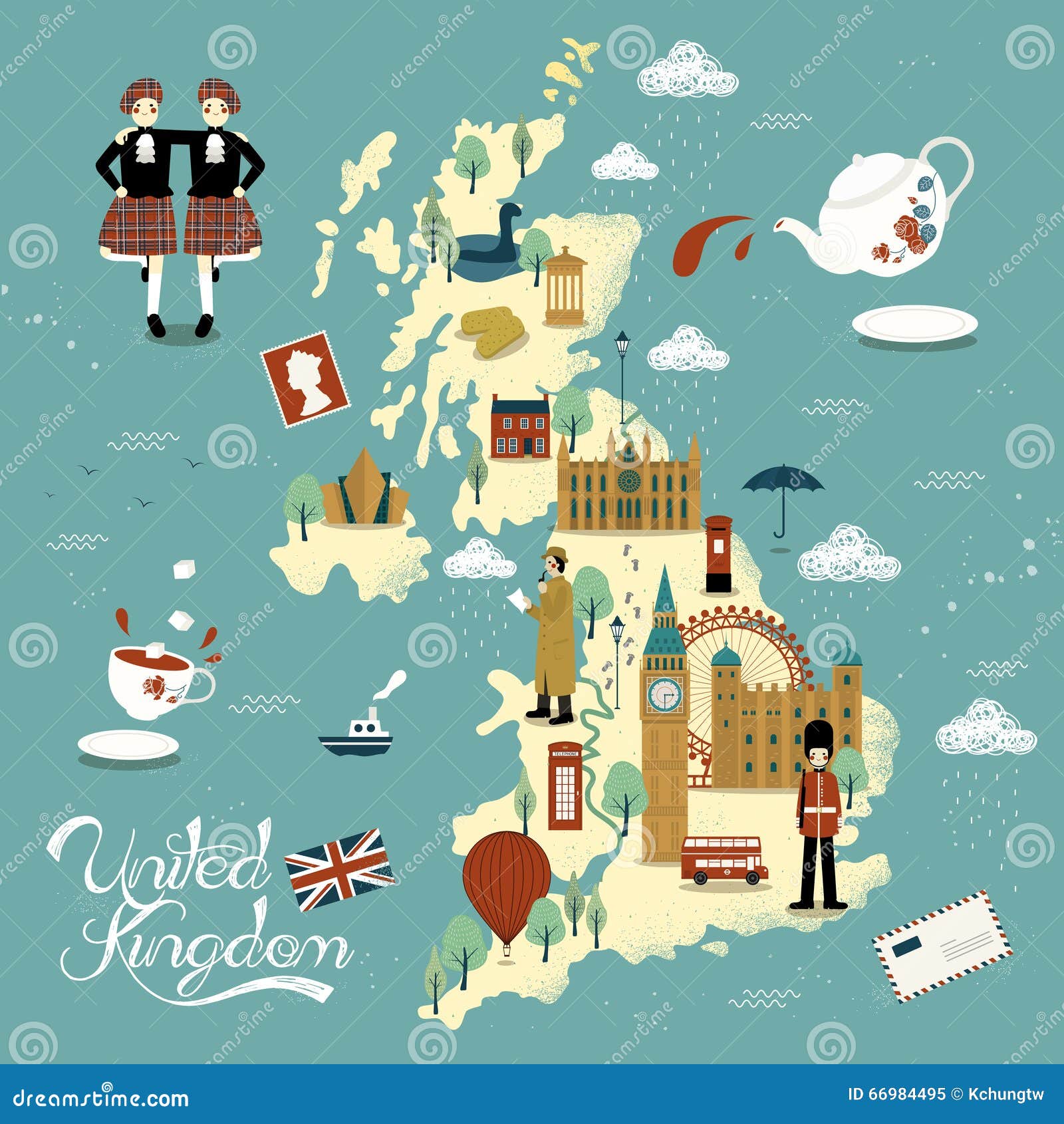 与吸引力的可爱的英国旅行地图设计.