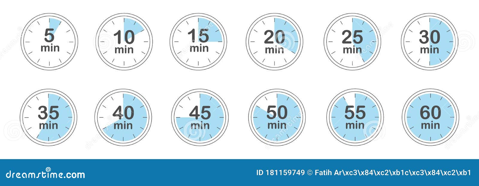 计时器集 5、10、15、20、25、30、35、40、45、50、55和60分钟 倒计时器图标集 孤立矢量插图 向量例证 - 插画 包括有