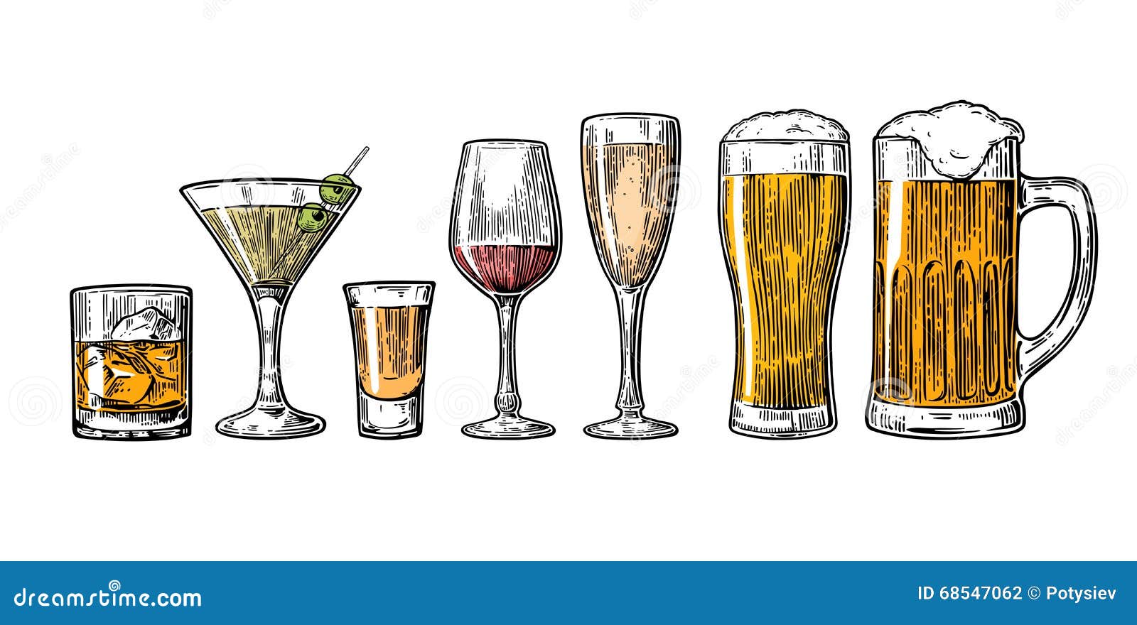 设置玻璃啤酒，威士忌酒，酒，龙舌兰酒，科涅克白兰地，香槟，鸡尾酒 向量例证 插画 包括有 黄铜, 威士忌酒 68547062