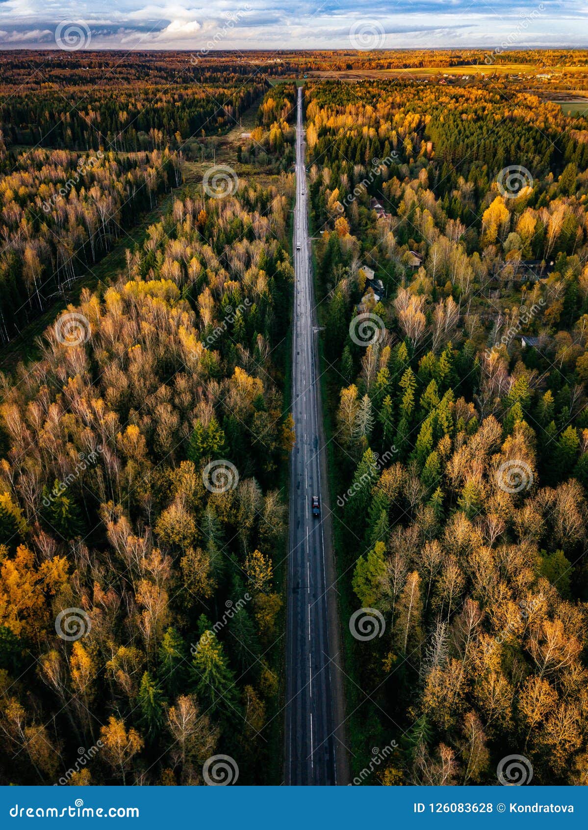 路鸟瞰图在秋天森林秋天风景的与路，红色和黄色树. 路鸟瞰图在秋天森林秋天风景的与路，红色，黄色和绿色树
