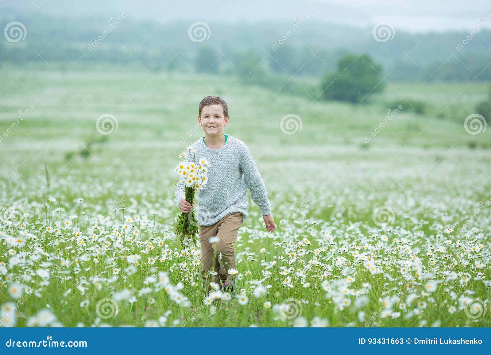 雨和阳光与举行伞和赛跑的一个微笑的男孩通过野花dundelions春黄菊的雏菊草甸. 雨和阳光与举行伞和赛跑通过野花dundelions春黄菊雏菊草甸和对花束时髦负的一个微笑的男孩穿戴在白色更甜