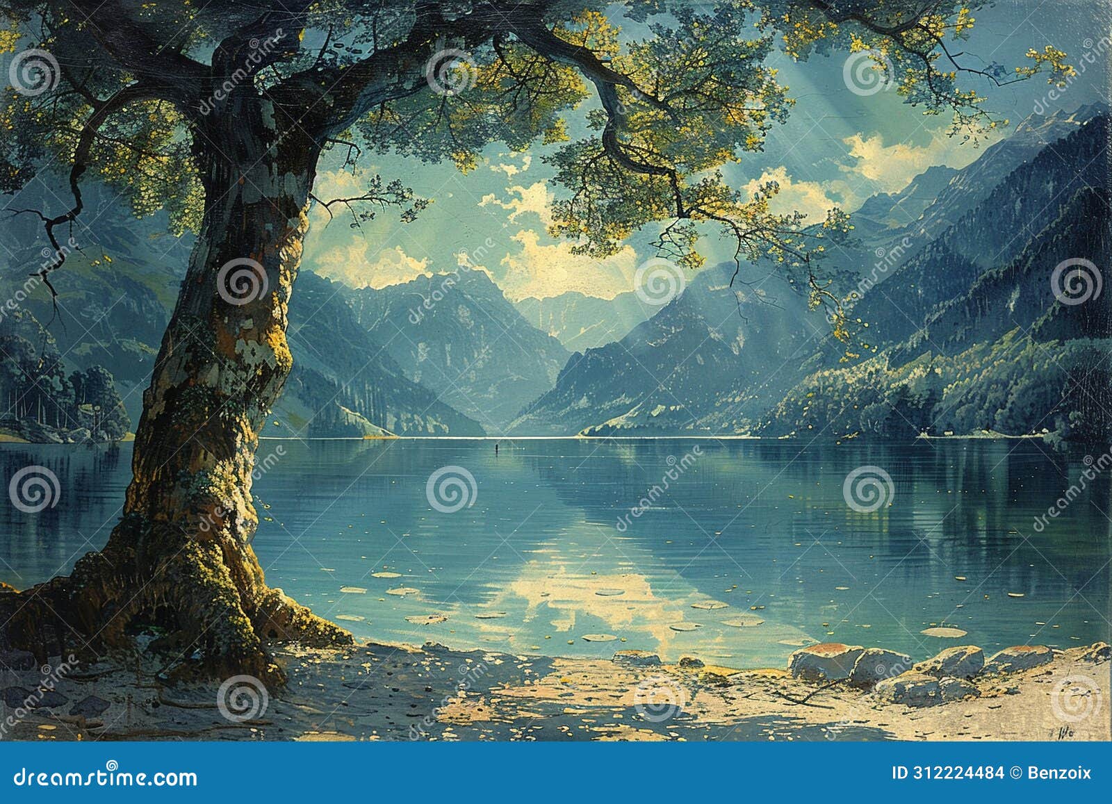 静谧的湖边景色库存照片. 图片包括有美术, 绘画的技巧, 本质, 飘渺