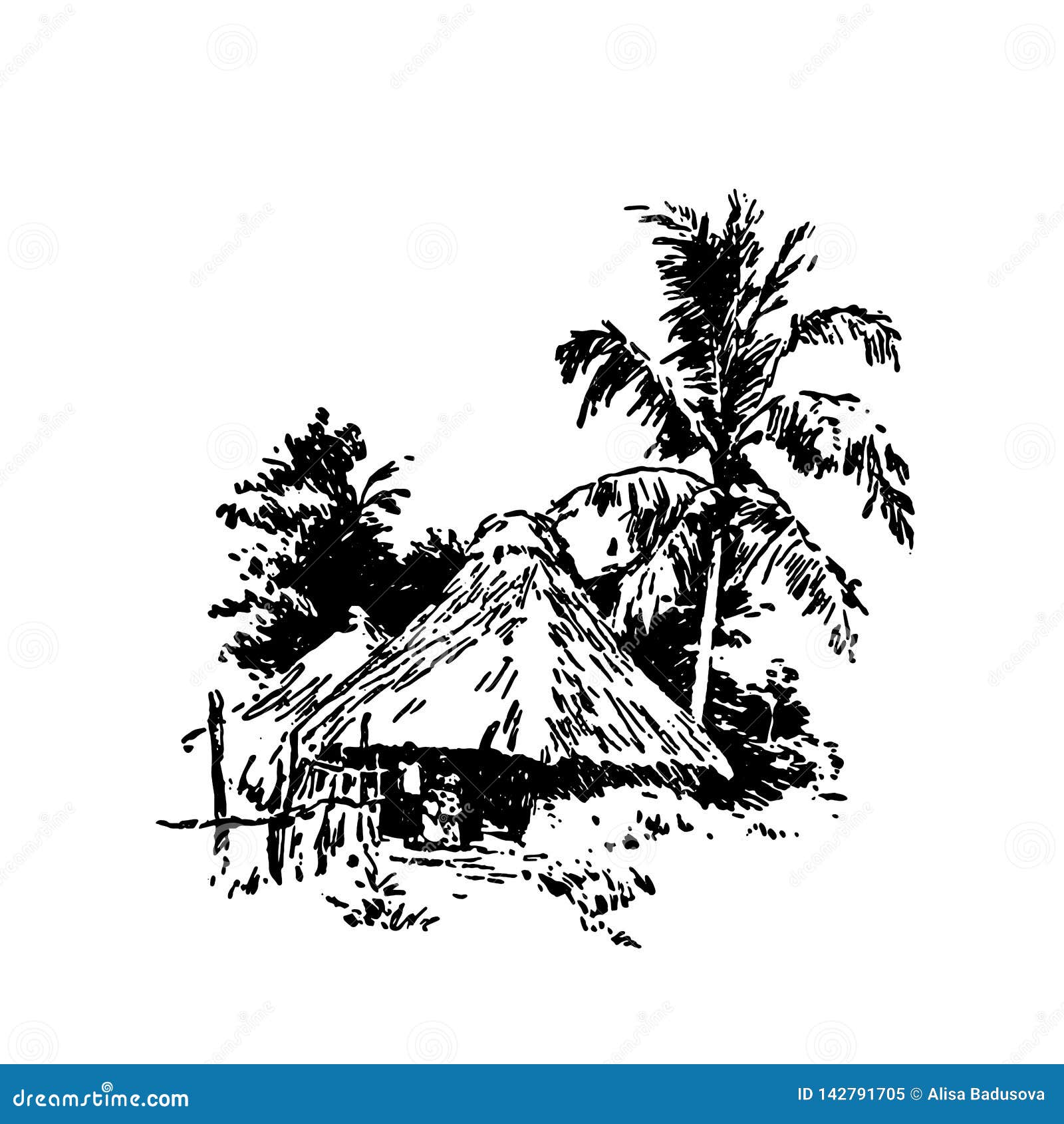 非洲村庄房子黑色的手拉的剪影例证在白色背景的